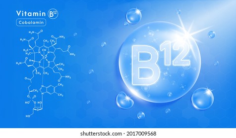 Drop water vitamin B12 blue and structure. Vitamin complex with Chemical formula from nature. Beauty treatment nutrition skin care design. Medical and scientific concepts. 3D Realistic Vector EPS10.