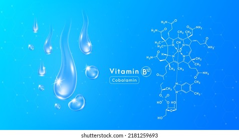 Drop water vitamin B12 blue and structure. Collagen oil solution. Serum vitamin complex. Beauty treatment nutrition skin care design. Medical and scientific concepts. 3D Realistic Vector EPS10.