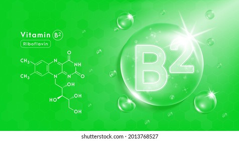 Tropfen Wasser Vitamin B2 grün und Struktur. Vitamin-Komplex mit chemischer Formel aus der Natur. Schönheitsbehandlung Ernährung Hautpflege Design. Medizinische und wissenschaftliche Konzepte. 3D-Realistischer Vektorgrafik EPS10.