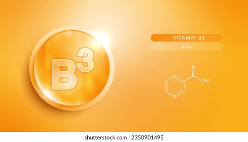 Drop water vitamin B3 orang and structure. vitamin solution complex with chemical formula from nature. beauty treatment nutrition skin care. medical and scientific concepts for cosmetic. vector.