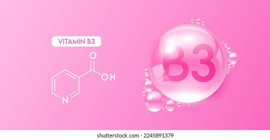 Drop water vitamin B3 pink  with chemical structure. Vitamins complex collagen serum. Beauty treatment skincare. Medical and scientific concepts. 3D Realistic Vector EPS10.