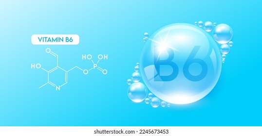 Drop water vitamin B6 blue with chemical structure. Vitamins complex collagen serum. Beauty treatment skincare. Medical and scientific concepts. 3D Realistic Vector EPS10.