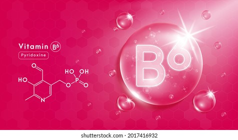 Drop water vitamin B6 pink and structure. Vitamin complex with Chemical formula from nature. Beauty treatment nutrition skin care design. Medical and scientific concepts. 3D Realistic Vector EPS10.