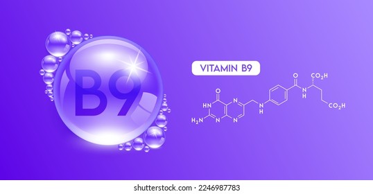 Agua de gota vitamina B9 morada azul con estructura química. Suero de colágeno complejo de vitaminas. Tratamiento de belleza cuidado de la piel. Conceptos médicos y científicos. EPS10 de vectores realistas 3D.