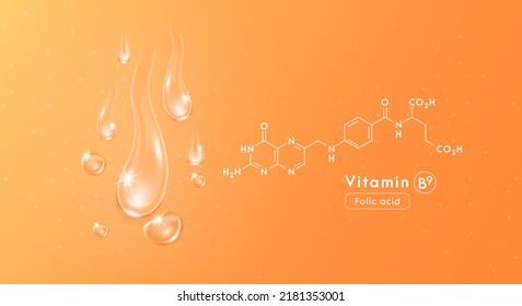 Drop water vitamin B9 orange and structure. Collagen oil solution. Serum vitamin complex. Beauty treatment nutrition skin care design. Medical and scientific concepts. 3D Realistic Vector EPS10.