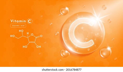 Dejar caer agua vitamina C naranja y estructura. Complejo de vitamina con fórmula química de la naturaleza. Tratamiento de belleza nutrición diseño de cuidado de la piel. Conceptos médicos y científicos. EPS10 de vectores realistas 3D.