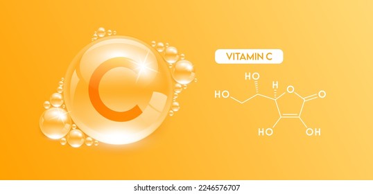 Drop water vitamin C orange with chemical structure. Vitamins complex collagen serum. Beauty treatment skincare. Medical and scientific concepts. 3D Realistic Vector EPS10.