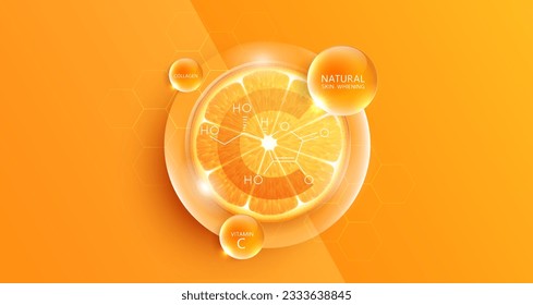 Drop water vitamin c orange and structure. vitamin solution complex with chemical formula from nature. beauty treatment nutrition skin care design. medical and scientific concepts for cosmetic.  svg