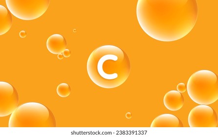 Drop water vitamin c orange and structure. vitamin solution complex with chemical formula from nature. beauty treatment nutrition skin care design. medical and scientific concepts for cosmetic. 