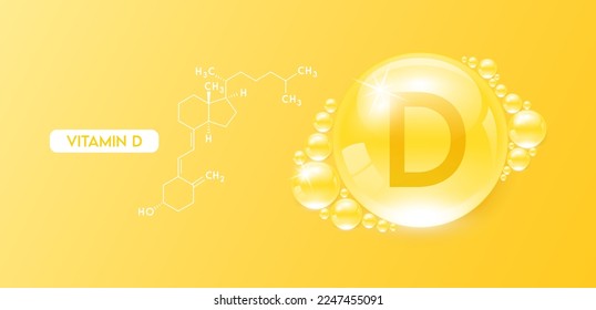 Drop water vitamin D yellow with chemical structure. Vitamins complex collagen serum. Beauty treatment skincare. Medical and scientific concepts. 3D Realistic Vector EPS10.