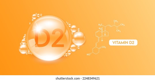 Drop water vitamin D2 orange with chemical structure. Vitamins complex collagen serum. Beauty treatment skincare. Medical and scientific concepts. 3D Realistic Vector EPS10.