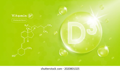 Drop water vitamin D3 light green and structure. Vitamin complex with Chemical formula from nature. Beauty treatment nutrition skin care design. Medical and scientific concepts. 3D Realistic Vector.