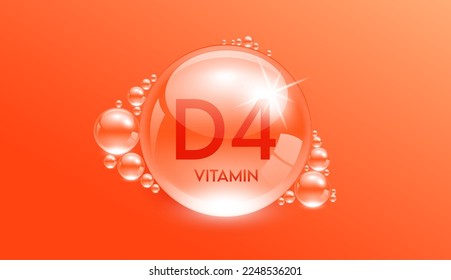 Drop water vitamin D4 orange. Vitamins complex collagen serum. Beauty treatment skincare. Medical and scientific concepts. 3D Realistic Vector EPS10.