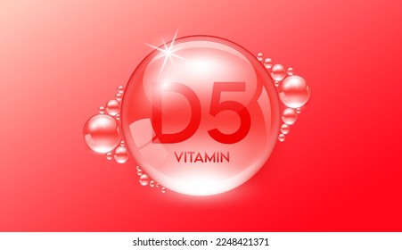 Drop water vitamin D5 red. Vitamins complex collagen serum. Beauty treatment skincare. Medical and scientific concepts. 3D Realistic Vector EPS10.