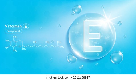 Drop water vitamin E blue and structure. Vitamin complex with Chemical formula from nature. Beauty treatment nutrition skin care design. Medical and scientific concepts. 3D Realistic Vector EPS10.