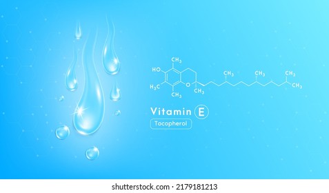 Drop water vitamin E blue and structure. Collagen oil solution. Serum vitamin complex. Beauty treatment nutrition skin care design. Medical and scientific concepts. 3D Realistic Vector EPS10.