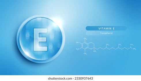 Tire agua vitamina E azul y estructura. complejo de solución vitamínica con fórmula química de la naturaleza. tratamiento de belleza nutrición diseño de cuidado de la piel. conceptos médicos y científicos para cosméticos. vector.