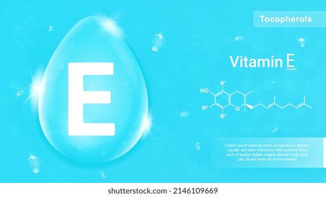 Suelte la vitamina E y la estructura química del agua. Banner azul con tocoferol para la prevención de enfermedades. Antioxidante médico o complejo vitamínico para belleza y salud. Ilustración vectorial 3D realista