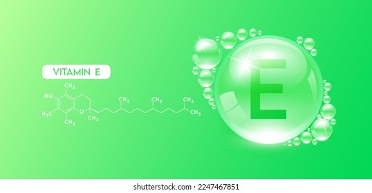 Dejar de beber vitamina E verde con estructura química. Suero de colágeno complejo de vitaminas. Tratamiento de belleza cuidado de la piel. Conceptos médicos y científicos. EPS10 de vectores realistas 3D.