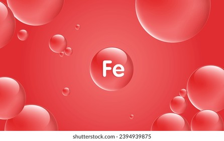 Agua de gota vitamina Fe rojo y estructura. complejo de solución vitamínica con fórmula química de la naturaleza. tratamiento de belleza nutrición cuidado de la piel. conceptos médicos y científicos para cosméticos. vector.