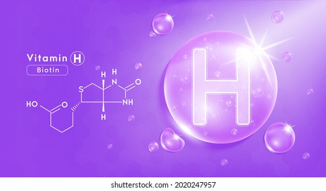 Agua de gota vitamina H Púrpura y estructura. Complejo de vitamina con fórmula química de la naturaleza. Tratamiento de belleza nutrición diseño de cuidado de la piel. Conceptos médicos y científicos. EPS10 de vectores realistas 3D.