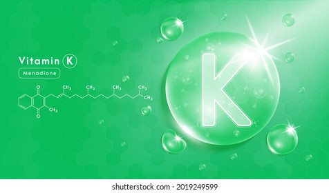 Deje agua vitamina K verde y estructura. Complejo de vitamina con fórmula química de la naturaleza. Tratamiento de belleza nutrición diseño de cuidado de la piel. Conceptos médicos y científicos. EPS10 de vectores realistas 3D.