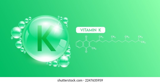 Drop water vitamin K green with chemical structure. Vitamins complex collagen serum. Beauty treatment skincare. Medical and scientific concepts. 3D Realistic Vector EPS10.