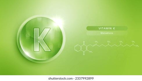 Drop water vitamin K green and structure. vitamin solution complex with chemical formula from nature. beauty treatment nutrition skin care design. medical and scientific concepts for cosmetic. 