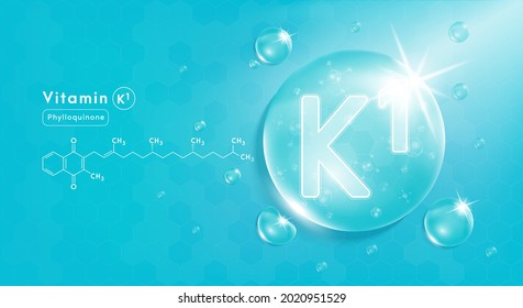 Drop water vitamin K1 blue and structure. Vitamin complex with Chemical formula from nature. Beauty treatment nutrition skin care design. Medical and scientific concepts. 3D Realistic Vector EPS10.