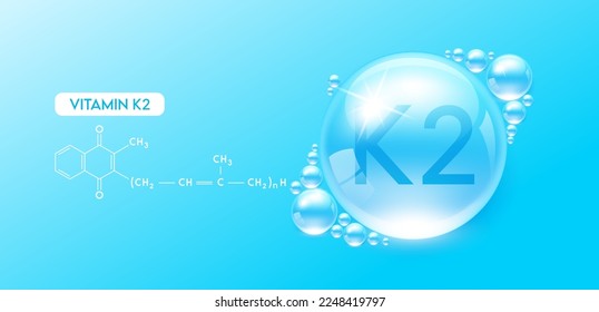 Drop water vitamin K2 blue with chemical structure. Vitamins complex collagen serum. Beauty treatment skincare. Medical and scientific concepts. 3D Realistic Vector EPS10.