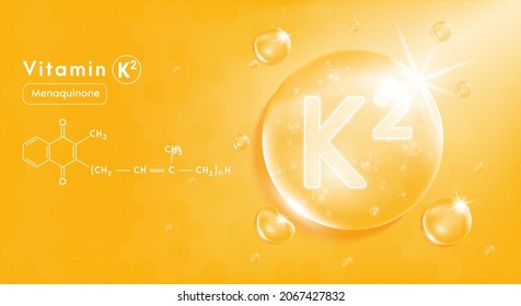 Drop water vitamin K2 orange and structure. Vitamin complex with Chemical formula from nature. Beauty treatment nutrition skin care design. Medical and scientific concepts. 3D Realistic Vector EPS10.