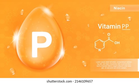 Drop water vitamin P and chemical structure. Orange banner with infographics and niacin. Vitamin complex for treatment and prevention of diseases. Beauty and health. Realistic 3D vector illustration