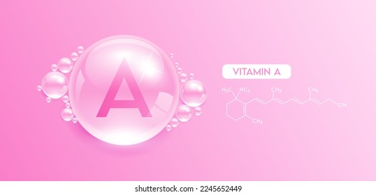 Drop water vitamin A pink  with chemical structure. Vitamins complex collagen serum. Beauty treatment skincare. Medical and scientific concepts. 3D Realistic Vector EPS10.