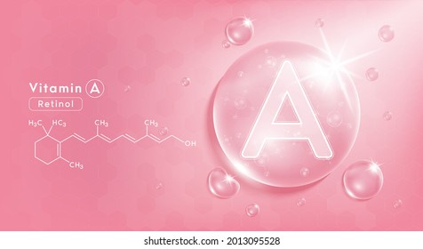 Drop water vitamin A pink and structure. Vitamin complex with Chemical formula from nature. Beauty treatment nutrition skin care design. Medical and scientific concepts. 3D Realistic Vector EPS10.