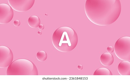 Agua de gota vitamina A rosa y estructura. complejo de solución vitamínica con fórmula química de la naturaleza. tratamiento de belleza nutrición diseño de cuidado de la piel. conceptos médicos y científicos para cosméticos. vector.