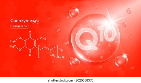 Drop water vitamin Q1 red and structure. Vitamin complex with Chemical formula from nature. Beauty treatment nutrition skin care design. Medical and scientific concepts. 3D Realistic Vector EPS10.
