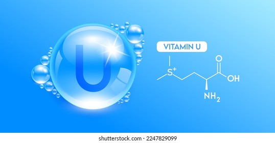 Drop water vitamin U blue with chemical structure. Vitamins complex collagen serum. Beauty treatment skincare. Medical and scientific concepts. 3D Realistic Vector EPS10.