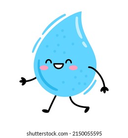 Una gota de agua caminando por ahí. El personaje de la tira cómica cae una gota de agua azul. Ilustración del vector aislada en fondo blanco