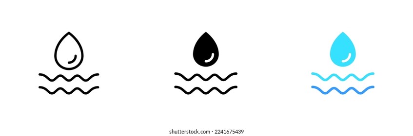 Drop of water with wave line icon. Liquid, water banance, drinking, sea, tick, wave, drinking water. Save the water. Beverage concept. Vector icon in line, black and colorful style on white background
