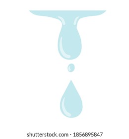 Drop of water. Wet and blue object. Leak and splatter. Element of background. Flat cartoon isolated on white. Blue liquid falls down