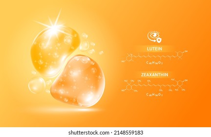 Drop water Zeaxanthin and lutein orange and structure. Vitamin complex with Chemical formula from marigold to nourish eyes. Medical scientific and healthcare concept. 3D Realistic Vector EPS10.