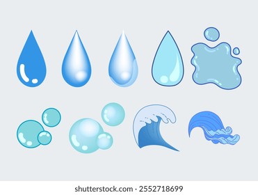 Drop waters, liquid, splash water element, icon, sign and symbol vector illustration set. Isolated on background.