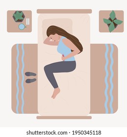 Dropdown Arrow
The Woman Lies With A Stomach Ache. Menstrual Pain, Pain In Diseases Of The Abrasive Cavity Organs. Vector Illustration In A Flat Style.