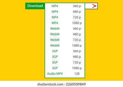 drop-down green menu with video formats and resolution from the search window with the "download" button