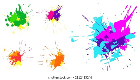 Cortes de color y puntos de salpicadura de pintura. Juego de gotas de pintura, pinceladas de pincel para la decoración. Vector aislado sobre fondo blanco