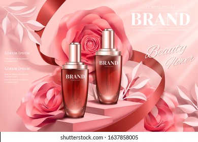 Droplet bottle ads with romantic paper rose decorations in 3d illustration