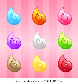 Droplet Candy Block Puzzle Colorful match 3 button glossy jelly. 2d asset for user interface GUI in mobile application or casual video game. Vector for web or game design. Decorative GUI elements.