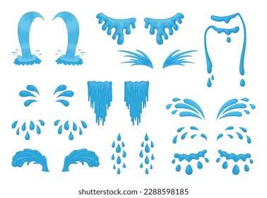 Droplet of cry eye tear water drop puddle sweat icon set cartoon vector illustration. Teardrop expression blue splash comic falling liquid stream different shape. Stress grief emotional nervous bubble