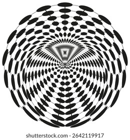 Droplet eye pattern. Circular abstract form. Spiral symmetry vector. Optical illusion shape.