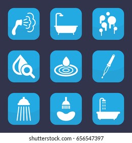 Droplet icon. set of 9 filled droplet icons such as shower, water drop, drop under magnifier, pipette